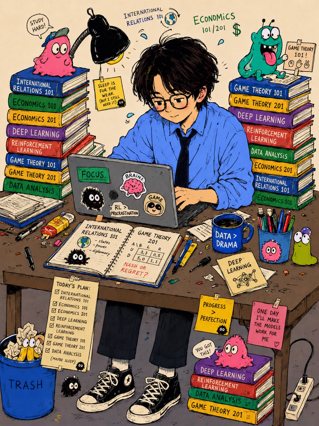 Simmy studying between international relations, economics, game theory, deep learning, reinforcement learning, and data analysis books